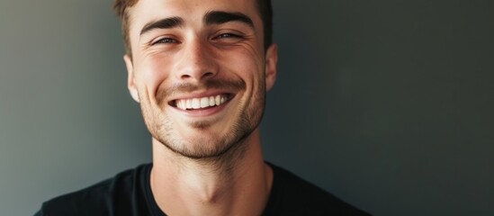 Canvas Print - A man with facial hair and a closed smile is happily closing his eyes, showing a gesture of contentment. His nose, jaw, neck, and ears are also visible in the flash photography