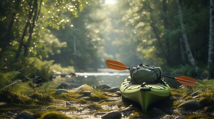 Wall Mural - Serene riverside camping scene with green kayak and forest backdrop.