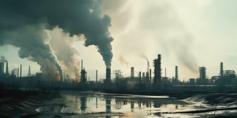 Poster - A large industrial plant with smoke coming out of it. Generative AI.