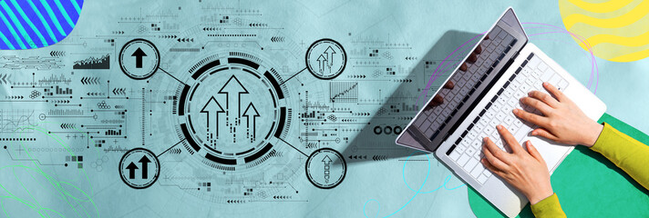 Poster - rising arrow theme with person using a laptop computer