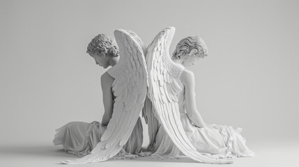 Two angels sitting back to back their eyes closed in quiet reflection.