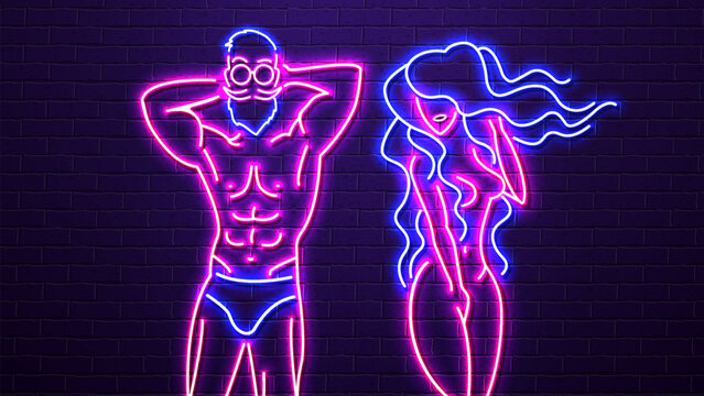 a sexy neon bright man and a shiny woman in blue and pink. a concept for a barbershop, a sport or a 