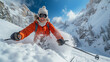 woman skiing in the mountains. gracefully glides down a snow-covered mountain slope, embracing the thrill of skiing, smiling. Travel Alps, ski vacation, senior woman skiing in winter