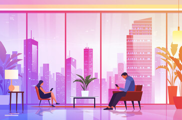 Wall Mural - businesspeople sitting in armchairs and using smartphones modern office interior with panoramic windows cityscape background