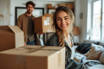 A smiling young woman and man holding cardboard boxes in a bright apartment setting