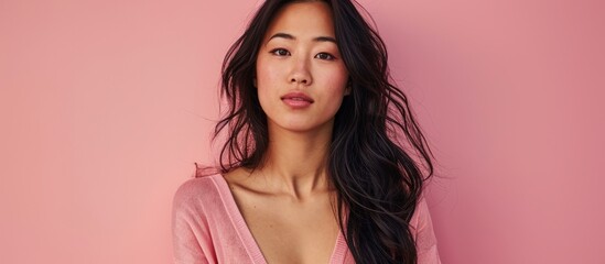 Poster - a woman in a pink sweater is standing in front of a pink background . High quality