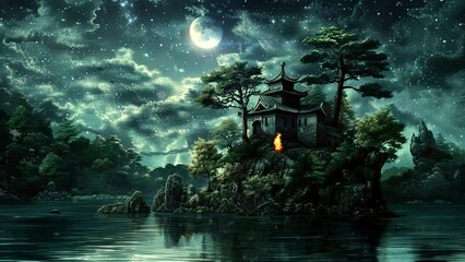 Wall Mural - Chinese castle in the middle of the island at night. Seamless looping time-lapse virtual 4k video animation background	