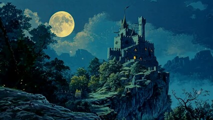 Wall Mural - beautiful view of the castle on the cliff at night. Seamless looping time-lapse virtual 4k video animation background	