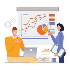 Wall Mural - business research illustration concept. business people working in office planning, thinking and eco