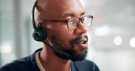 Aufkleber - Customer service, telemarketing and call center with black man, communication and connection in workplace. African person, employee or insurance agent with headphones and tech support with consultant