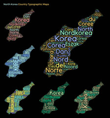 Poster - Set of typography style country illustrations. North Korea map shape build of horizontal and vertical country names. Vector illustration.