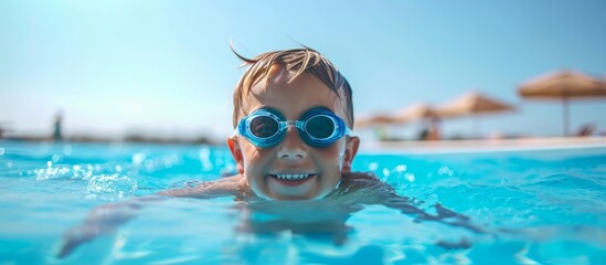 Poster - A young boy in goggles enjoys swimming in a pool with clear water, showcasing the importance of vision care and wearing proper eyewear like diving equipment