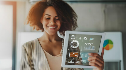 Wall Mural - A close-up of a happy and smiling black woman wearing casual clothes is presenting and holding a tablet with hologram graphic diagrams of a business plan on a blurred workplace background.