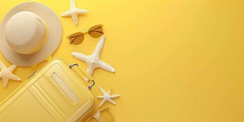 Wall Mural - Top view suitcase beach scene flat lay minimal summer holiday vacation concept, on yellow background