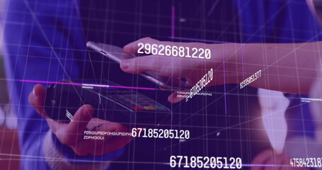 Poster - Digital composition of changing numbers against person making payment through smartphone using nfc t