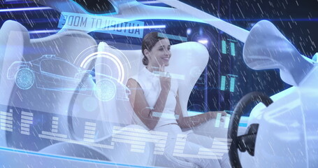 Poster - digital composition of digital interface against woman driving futuristic across the city