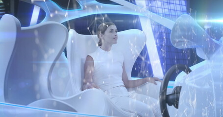 Poster - Digital composition of network of connections against woman sitting in futuristic car self driving a