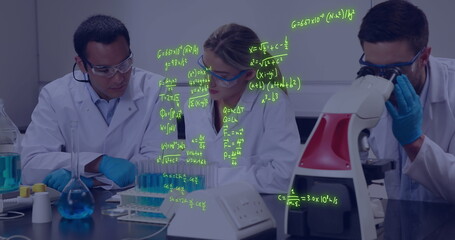 Poster - image of scientific data processing over caucasian scientists in laboratory