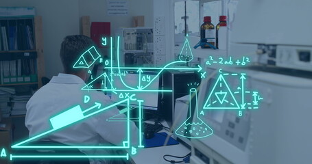 Poster - image of scientific data processing over caucasian male scientist in laboratory