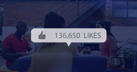 Poster - Animation of social media like notification over diverse colleagues talking at casual office