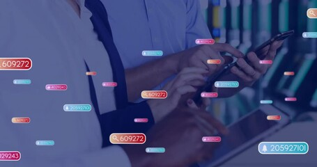 Poster - Animation of social media notifications over midsection of diverse colleagues using smartphones
