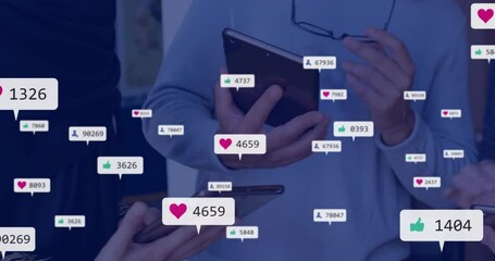 Poster - Animation of social media notifications over midsection of caucasian colleagues using smartphones