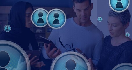 Poster - Animation of people icons over diverse colleagues with tablets talking at casual office
