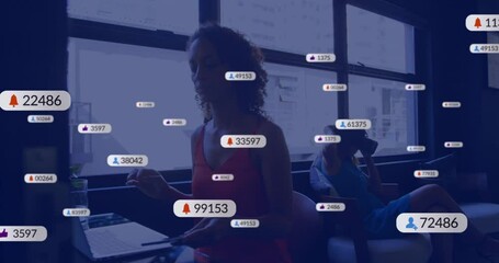 Poster - Animation of social media notifications over diverse women using smartphones at casual office