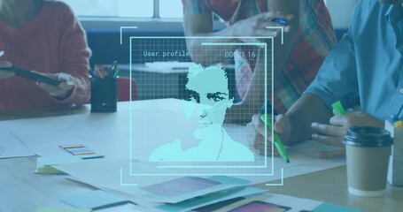 Poster - Animation of portrait scans processing over diverse designers at design meeting