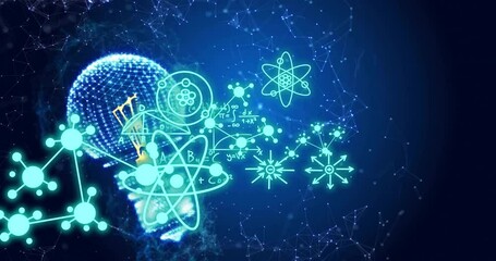 Poster - Animation of atomic diagrams over light bulb and networks on blue background