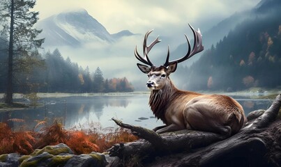 photo beautiful deer relaxing in the valley on a foggy day