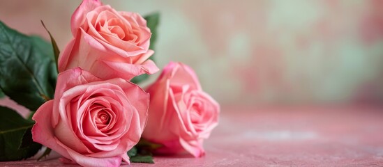 Wall Mural - three pink roses are sitting on a pink table . High quality