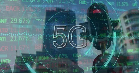 Poster - Animation of 5g text and financial data processing over cityscape