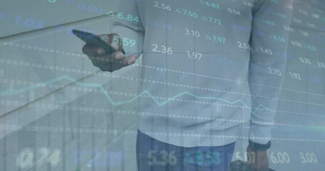 Poster - Animation of financial data processing over african american man using smartphone