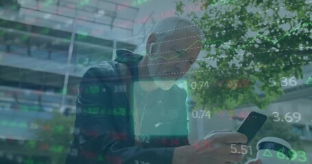 Poster - Animation of financial data processing over caucasian man using smartphone
