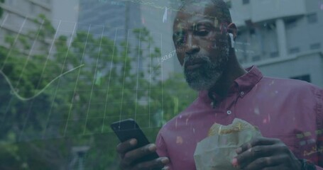 Poster - Animation of financial data processing over african american man using smartphone
