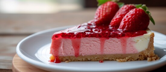 Poster - a slice of strawberry cheesecake on a white plate on a wooden table . High quality