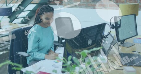 Poster - Animation of financial data processing over biracial businesswoman in office