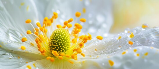 Poster - a close up of a white flower with yellow stamens and water drops on it . High quality