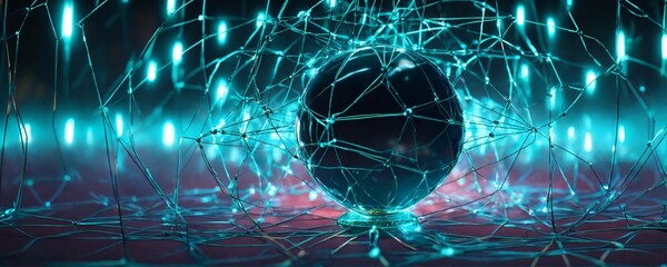 Wall Mural - Illustration of a turquoise glass ball connected to an infinite network of interconnected lights without borders, glass ball represents a platform