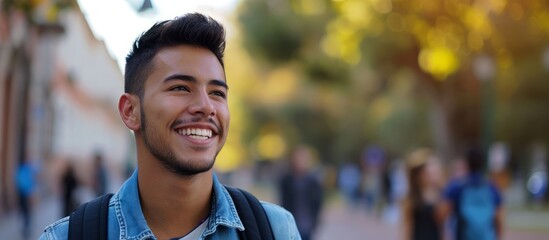 Poster - A happy young man with a backpack is smiling and strolling down the street, enjoying his leisure travel. The electric blue sky and green grass add to the fun atmosphere