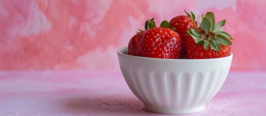 Sticker - three strawberries are in a white bowl on a pink table . High quality