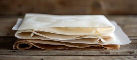 Sticker - A stack of tortilla wraps arranged neatly on a wooden table, creating a beautiful still life photography composition with the natural materials of wood and paper products