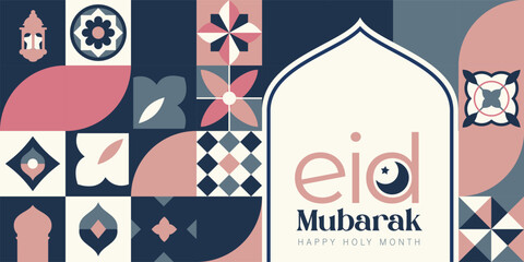 Islamic festival poster background design in flat geometric style, arabic calligraphy, crescent moon and lantern. Suitable for Ramadan Kareem , Hari Raya, Eid Mubarak, Eid al Adha.