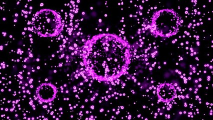 Poster - Animation with moving stream of bubbles and large circles. Design. Balls in space with distortion of flow of bubbles. Stream of bubbles rises in space and circles around