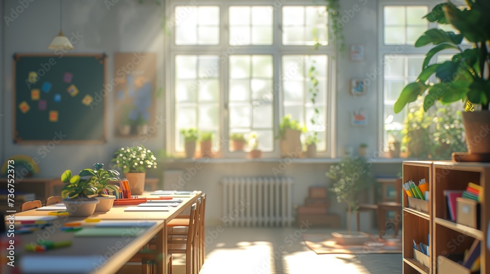 Classroom scene bathed in natural light creating a warm and inviting ...