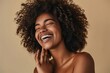 Happy confident young adult African American woman beauty female model, pretty 20s Black lady with curly hair beautiful face advertising skin care laughing isolated at beige background, Generative AI