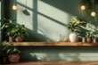 The interplay of light and shadow gives a dynamic and stylish quality to the indoor foliage arrangement on a chic wooden shelf