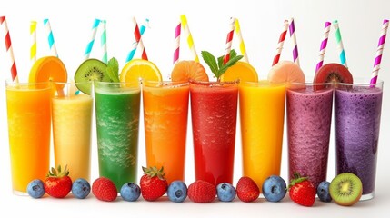 Wall Mural - Colorful lineup of fresh smoothies with striped straws, healthy lifestyle concept