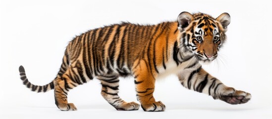 Sticker - a tiger cub is walking on a white background . High quality